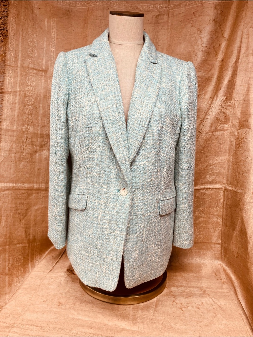 Talbots Pale Aqua and Ivory Boucle Tweed Single-Button Blazer